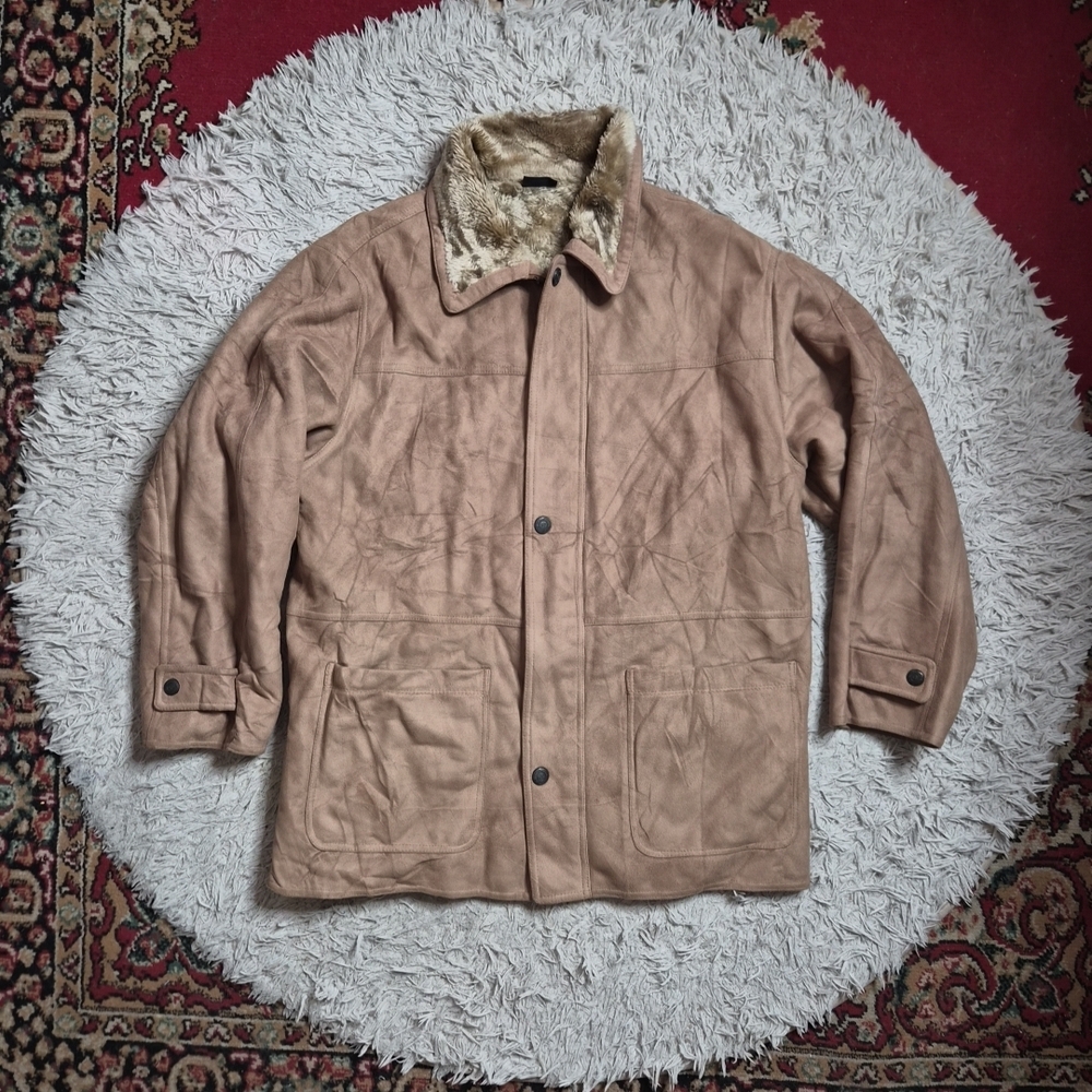 Vintage Vegan Suede Jacket Field Coat Faux Fur Lined Size XL Tan Brown Western ✨